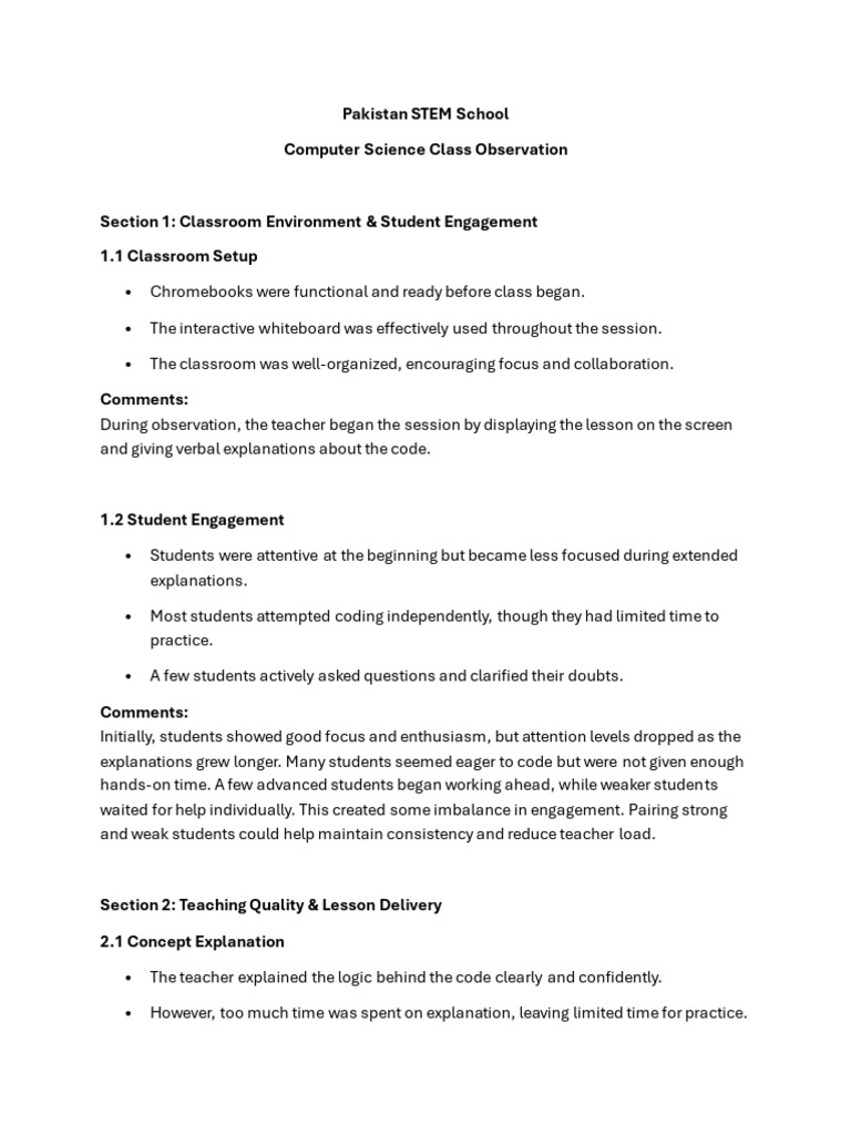 PSS CS Class Observation | PDF | Teachers | Computer Programming
