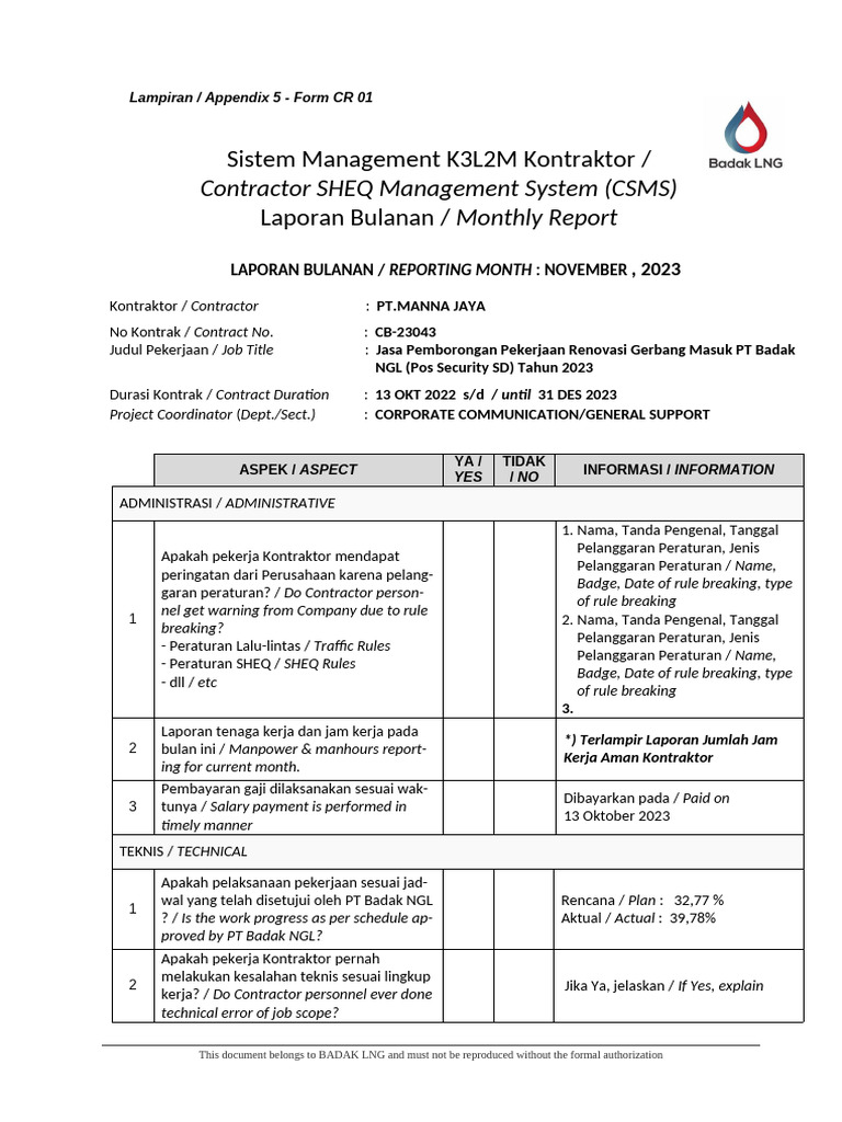 Form Wip Form Laporan Csms November | PDF