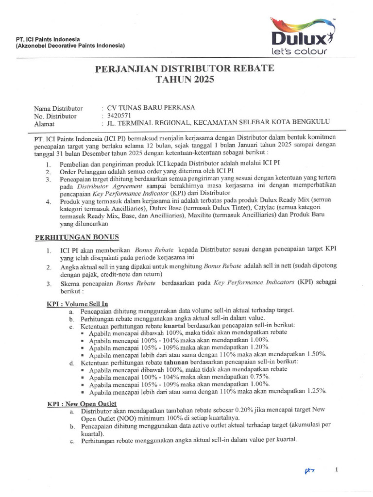 Perjanjian Rebate Distributor 2025 - Tunas Baru Perkasa - 100233 | PDF