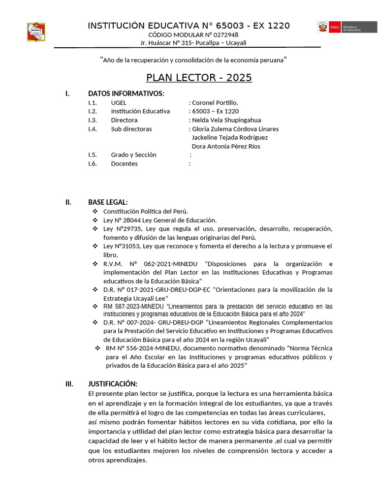 Plan Lector 2025 en I.E. N° 65003 | PDF | Perú | Aprendizaje