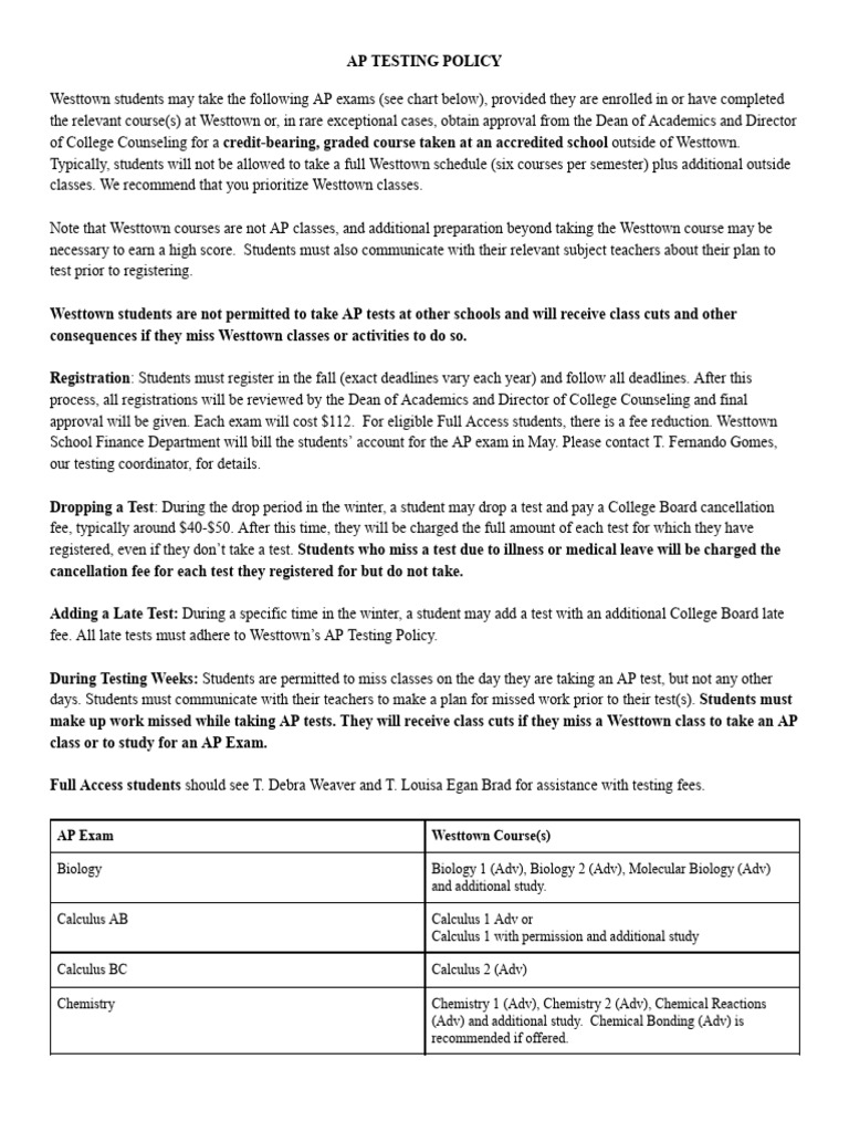 Westtown AP Testing Policy Overview | PDF | Advanced Placement