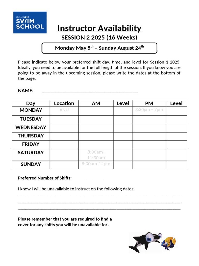 Instructor Shift Availability Form 2025 | PDF
