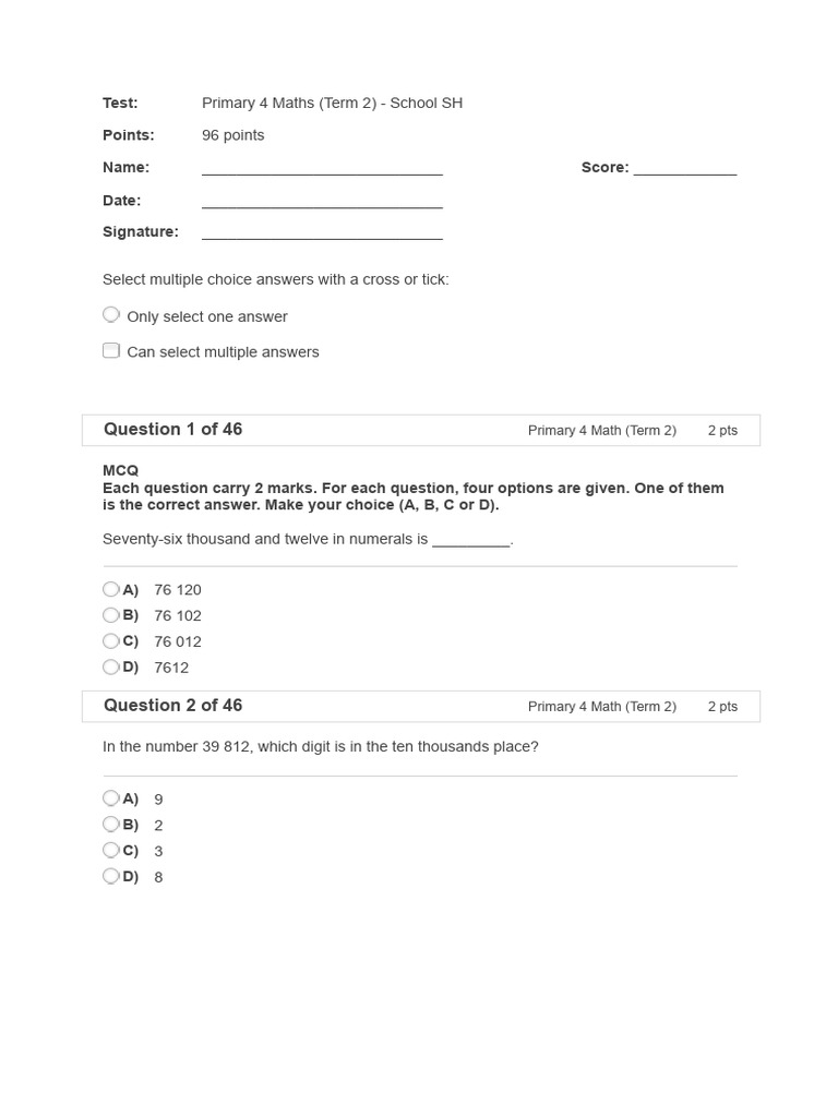 Primary 4 Math Term 2 - ST Hilda - 1628581629 | PDF | Multiple Choice ...