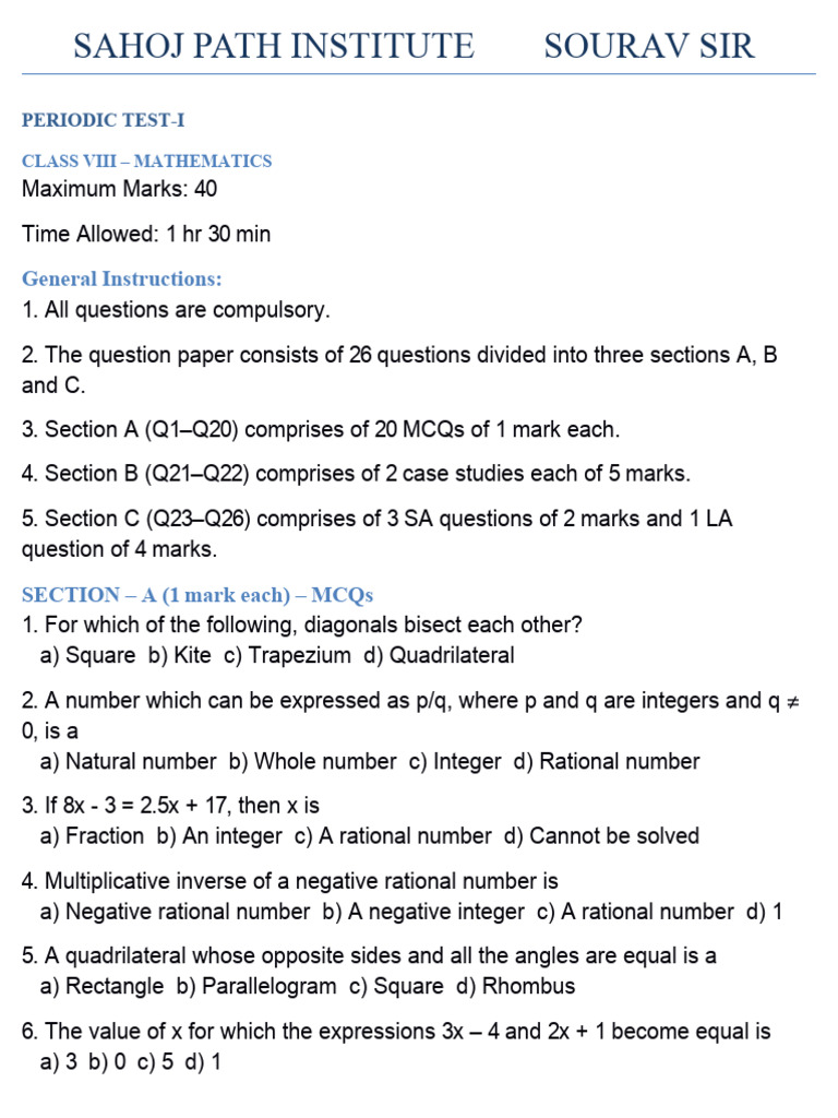 Class 8 Math Test Paperbb 2 | PDF | Rectangle | Euclidean Geometry