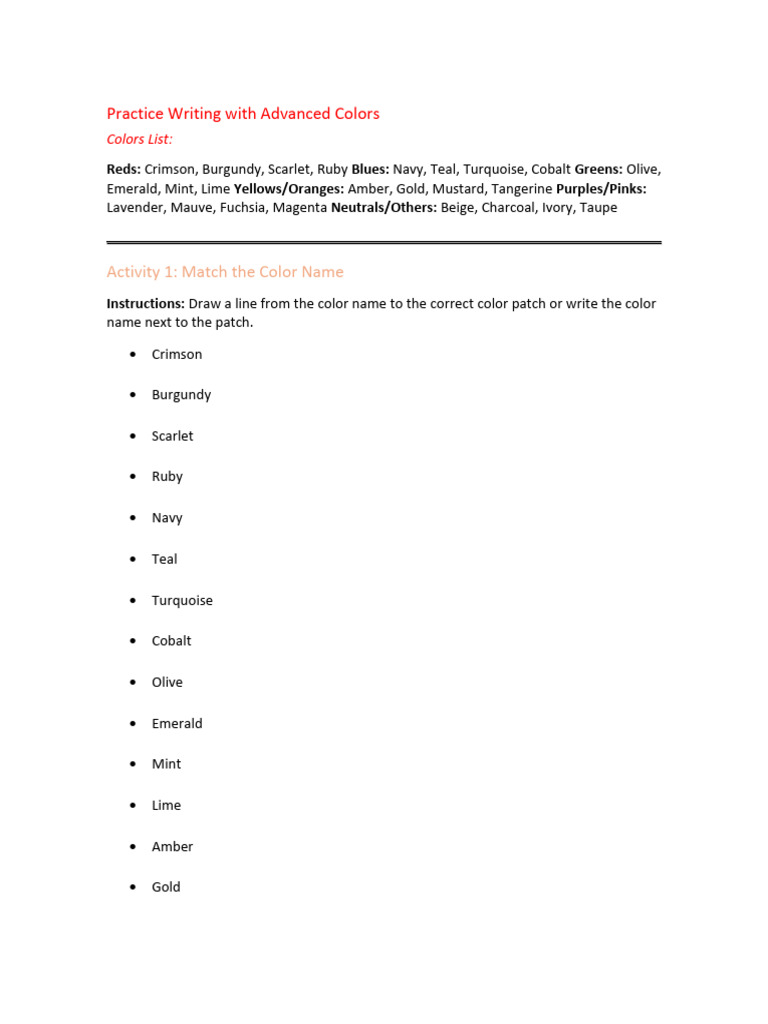Advanced Color Writing Activities | PDF | Color | Magenta