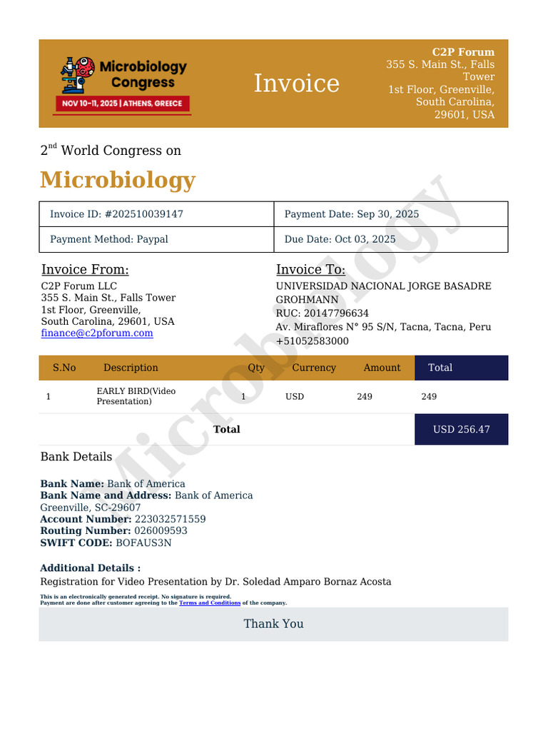 Invoice for Microbiology Congress Registration | PDF | Business | Money