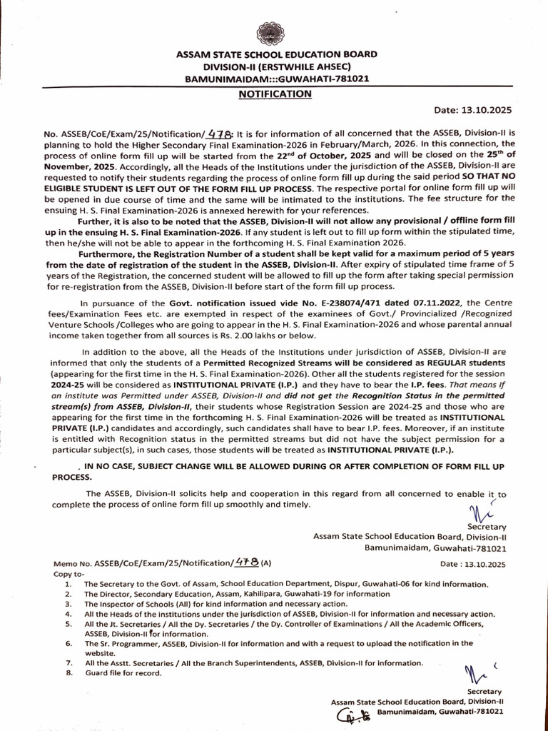 HS Final Exam Form Fill-Up 2026 Dates | PDF