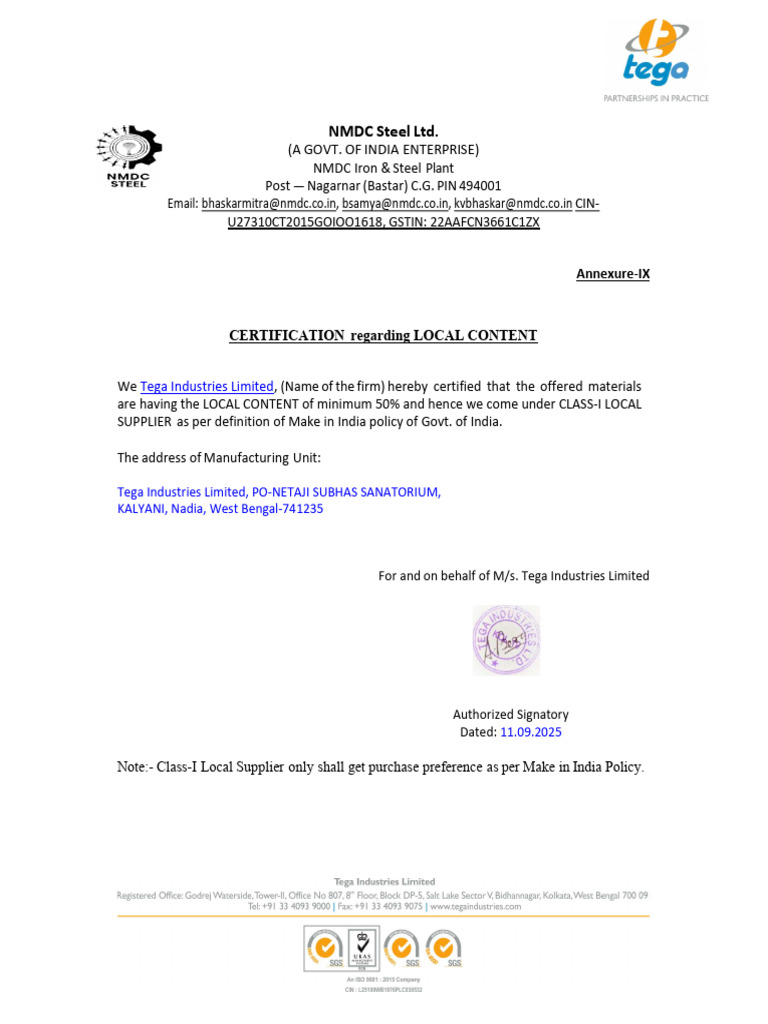 Certification of Local Content for Suppliers | PDF