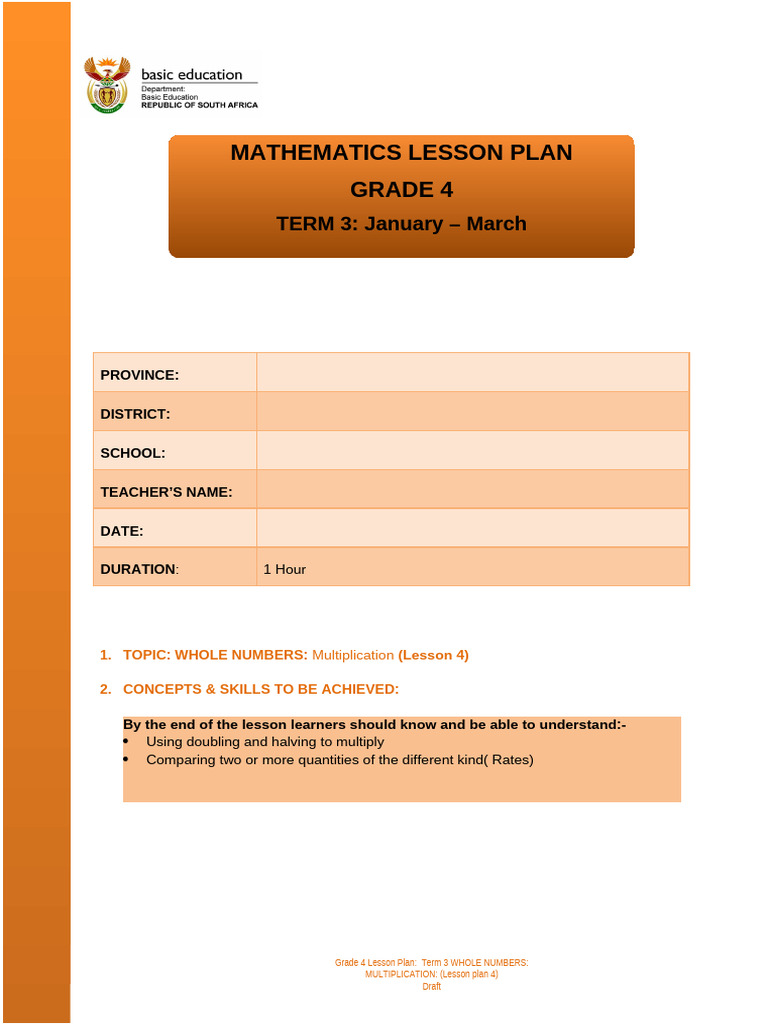 Grade 4 Term 3 Multiplication Lesson 4 | PDF | Multiplication | Learning