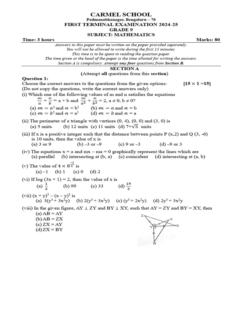 Grade 9 Mathematics Exam Paper 2024-25 | PDF | Euclidean Geometry ...