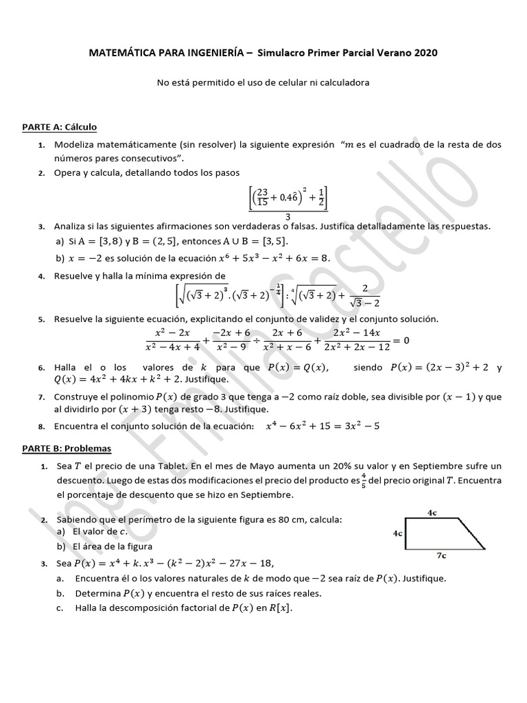 Modelo de Ejercicios Primer Parcial 2 | PDF | Ecuaciones | Raíz cuadrada