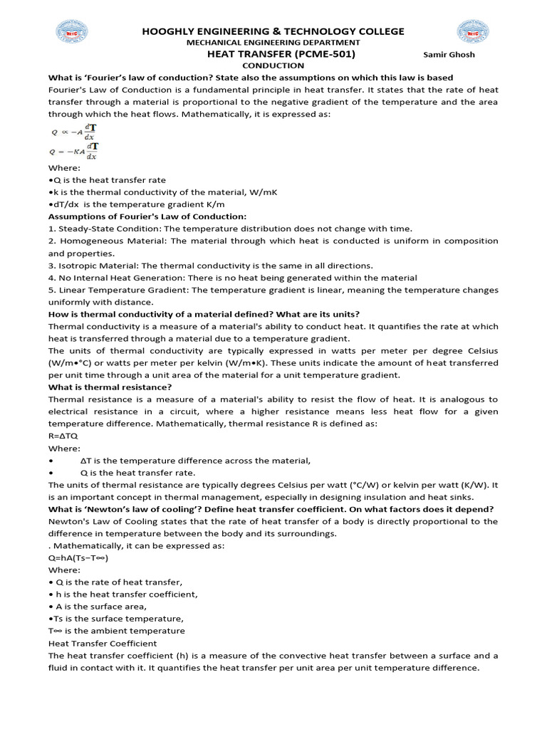 Hooghly Engineering & Technology College Heat Transfer (Pcme-501) | PDF ...