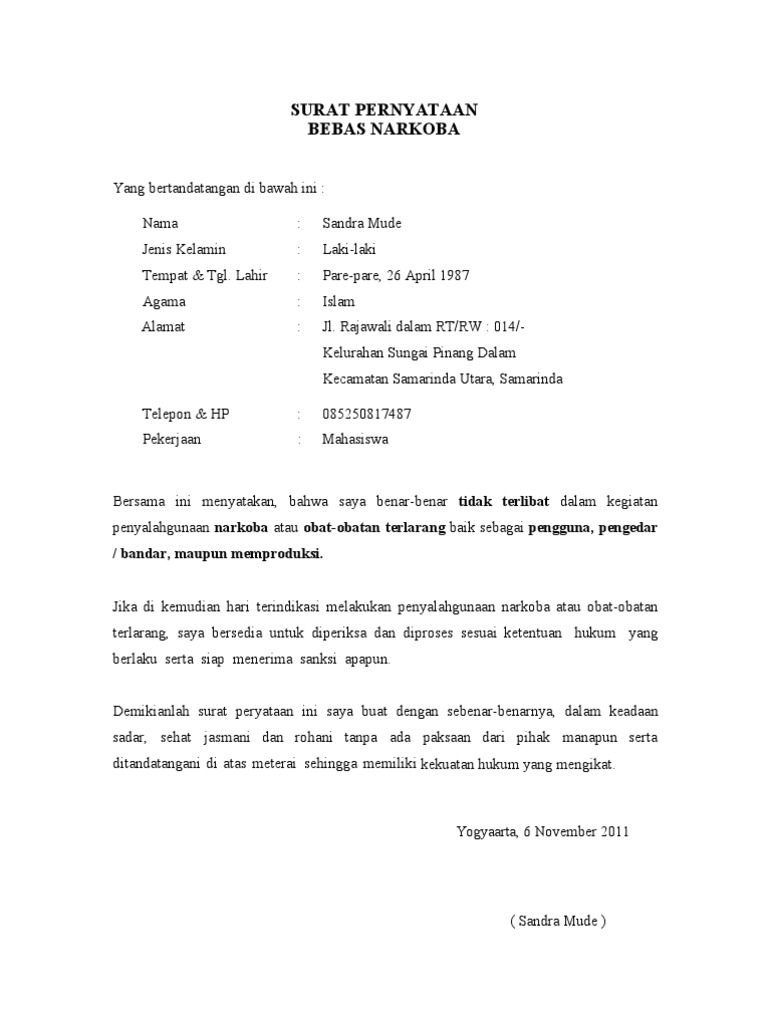 Surat Pernyataan Bebas Narkoba