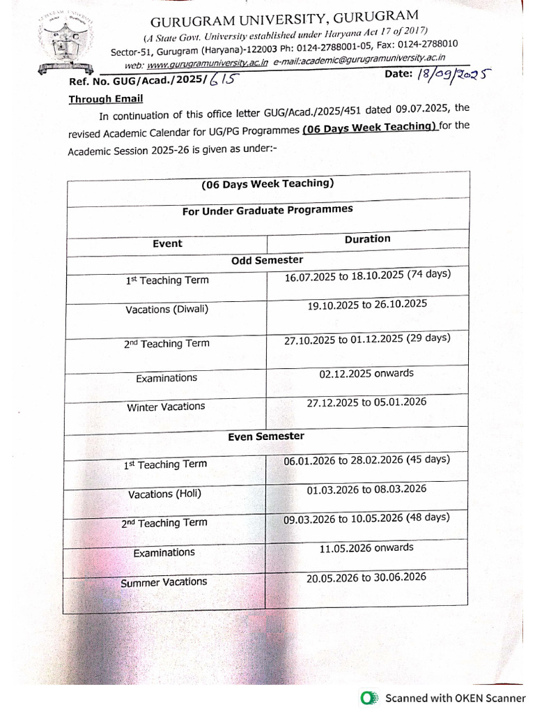 Revised Academic Calendar For UG and PG Programmes (06 Days Wek ...