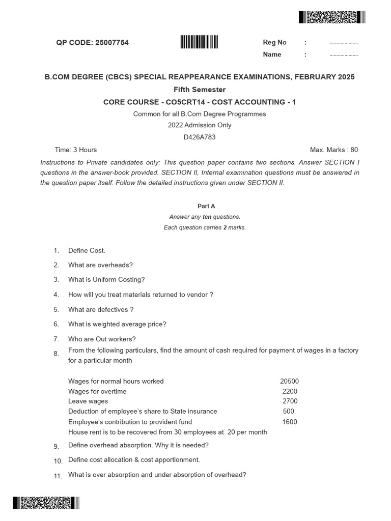 B.Com Cost Accounting Exam Paper 2025 | PDF | Depreciation | Economies