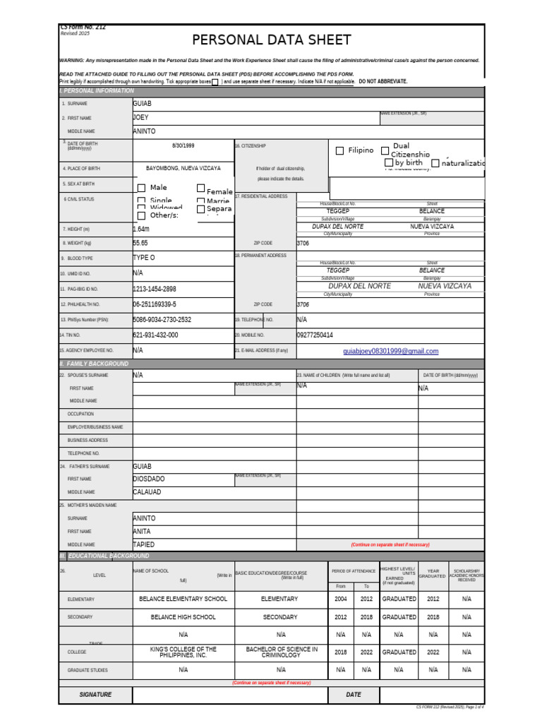 Revised PDS Sample for 2025 | PDF | Government