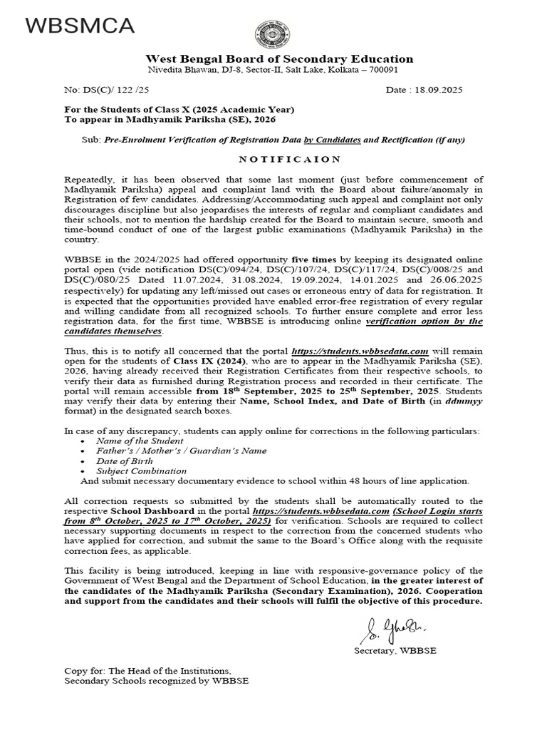 WBBSE 2025 Registration Data Verification | PDF