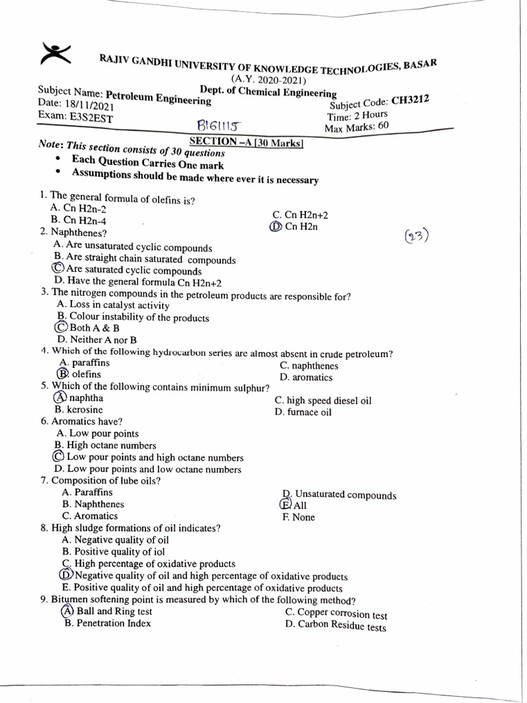 Petroleum Engineering Exam Questions 2021 | PDF | Cracking (Chemistry) | Alkane