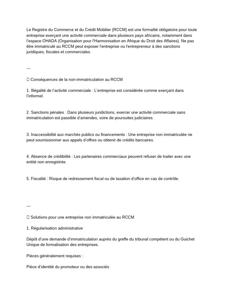 Importance de l'immatriculation au RCCM | PDF | Business | Droit des ...