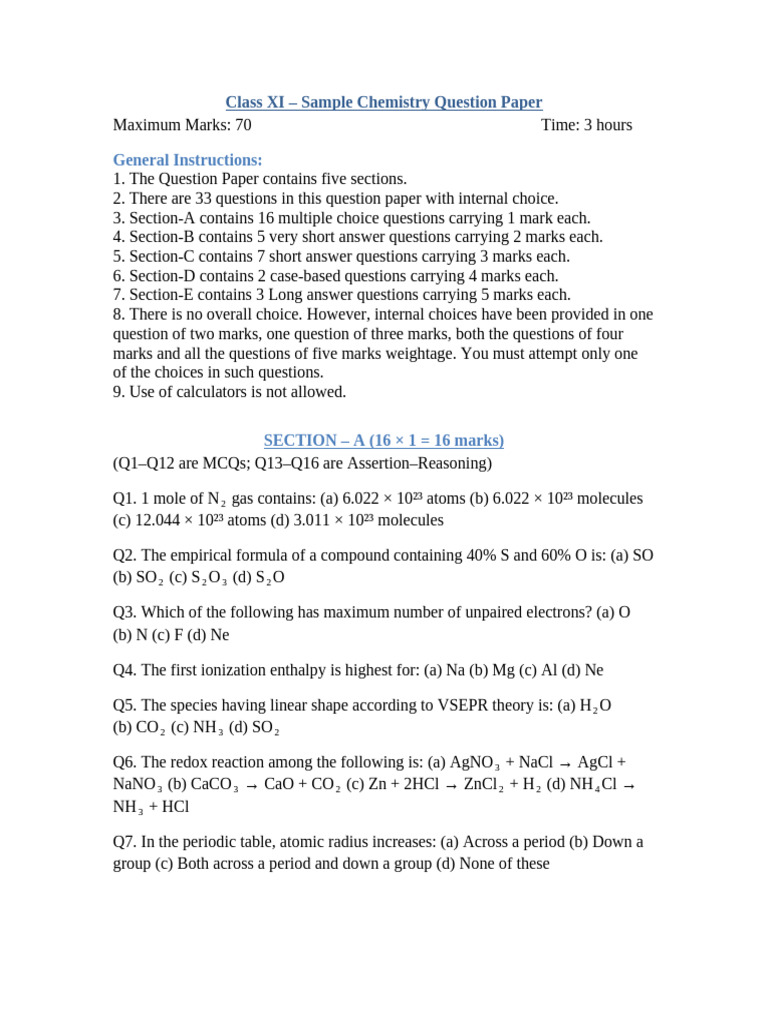 Class XI Chemistry Sample Question Paper | PDF | Redox | Chemical Reactions
