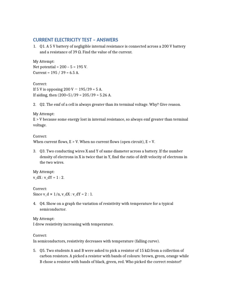 Current Electricity Test With Answers | PDF | Electrical Resistivity ...