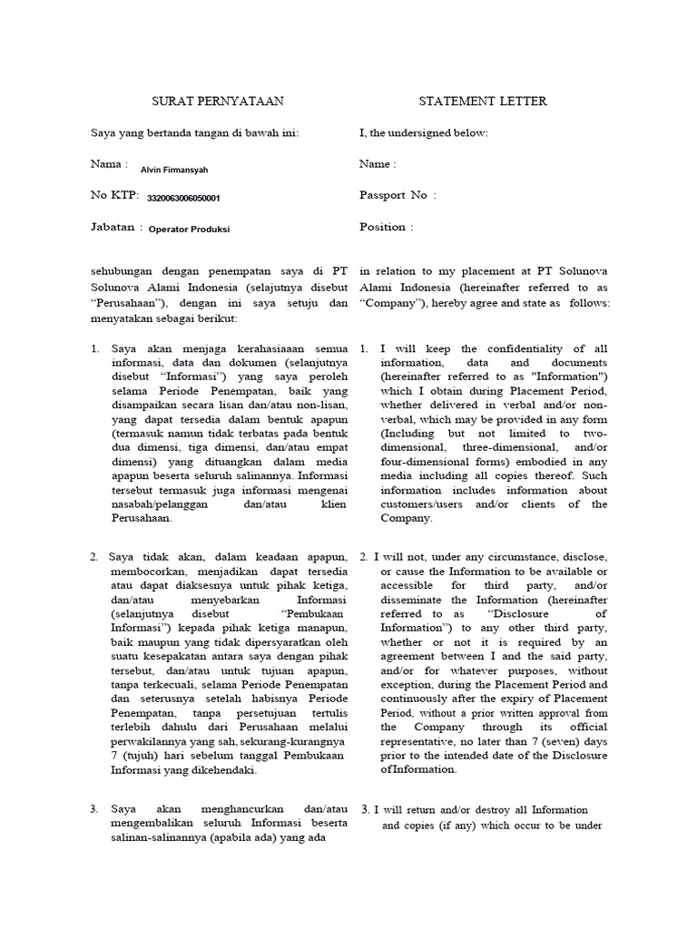 Pernyataan Kerahasiaan PT Solunova | PDF