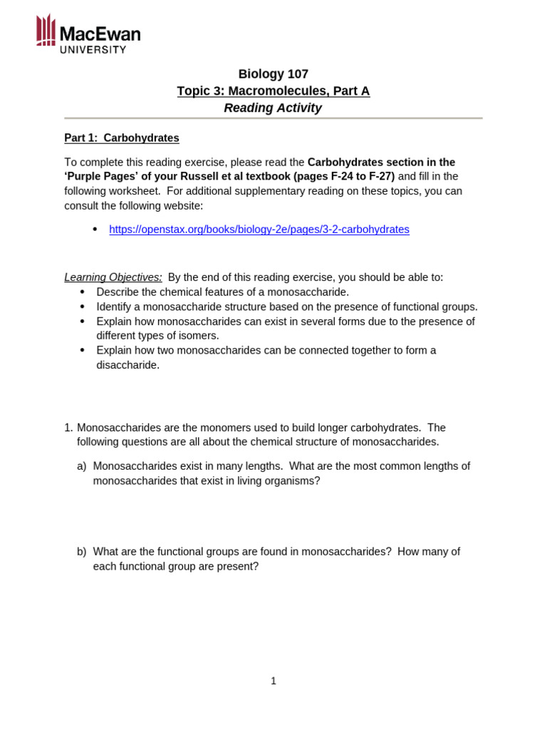 Topic 3A Reading Activity | PDF | Carbohydrates | Lipid