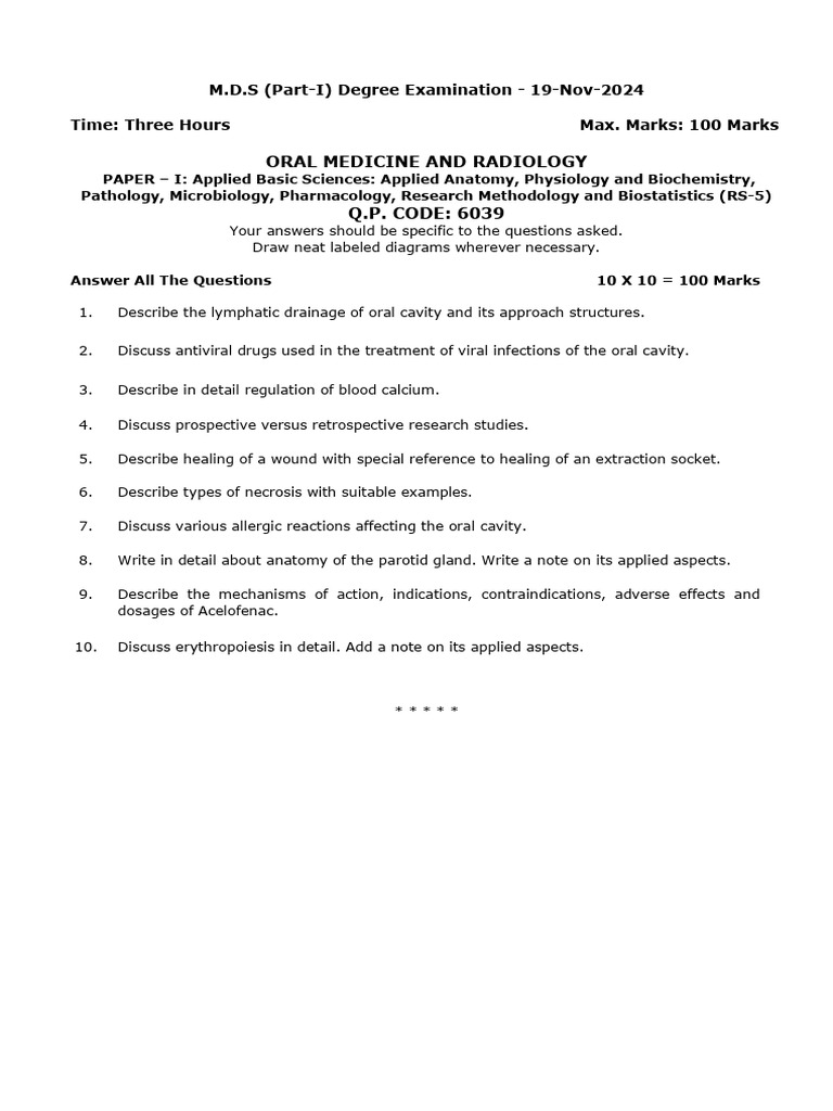 MDS Exam Papers: Oral Health Sciences 2024 | PDF | Periodontology ...