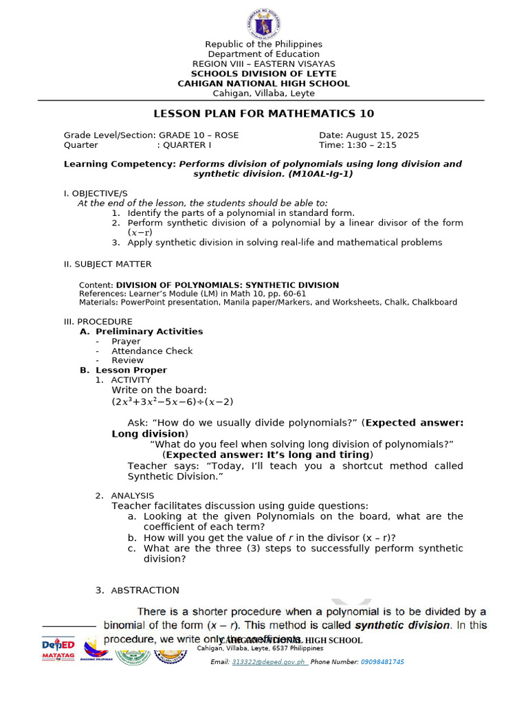 Grade 10 Synthetic Division Lesson Plan | PDF | Polynomial | Mathematics