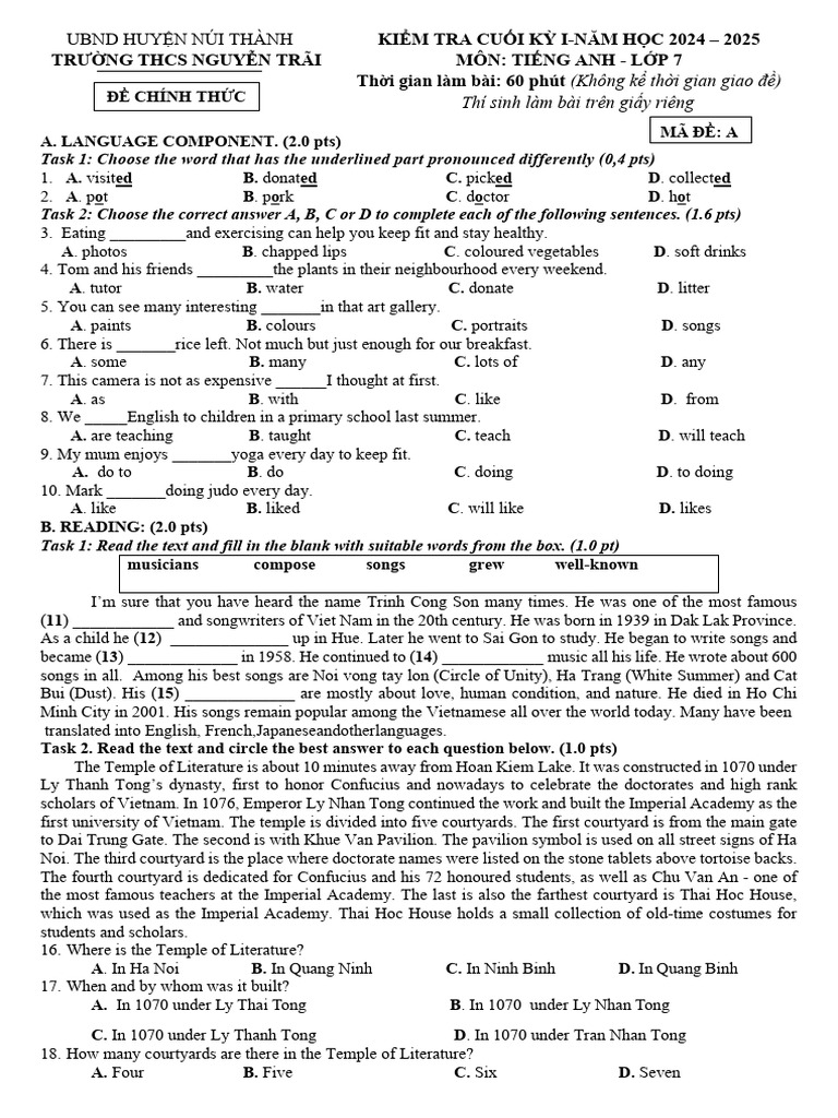 Grade 7 English Final Exam 2024-2025 | PDF