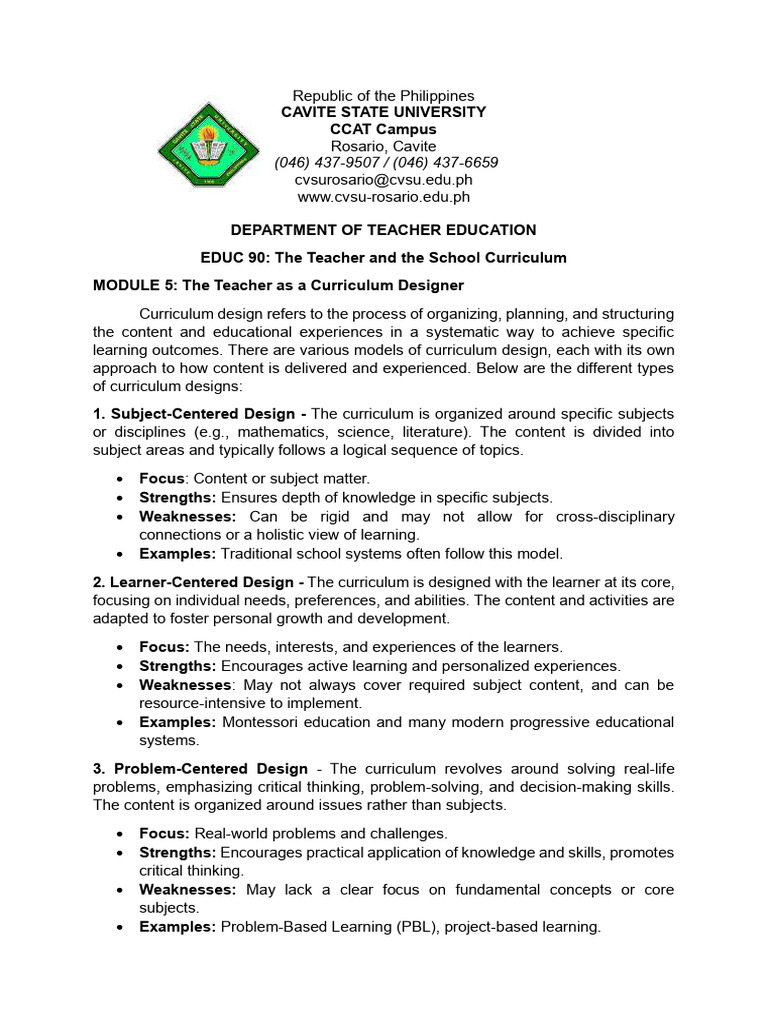 Module 5 The Teacher As A Curriculum Designer | PDF | Curriculum | Learning
