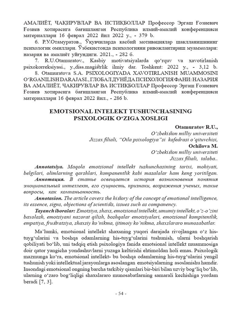 Emotsional Intelekt Tushunchasining Psixologik o Ziga Xosligi | PDF