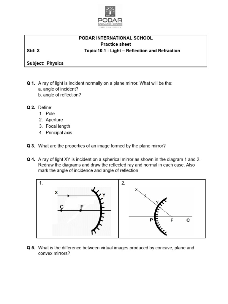 Light Reflection and Refraction Practice Sheet | PDF