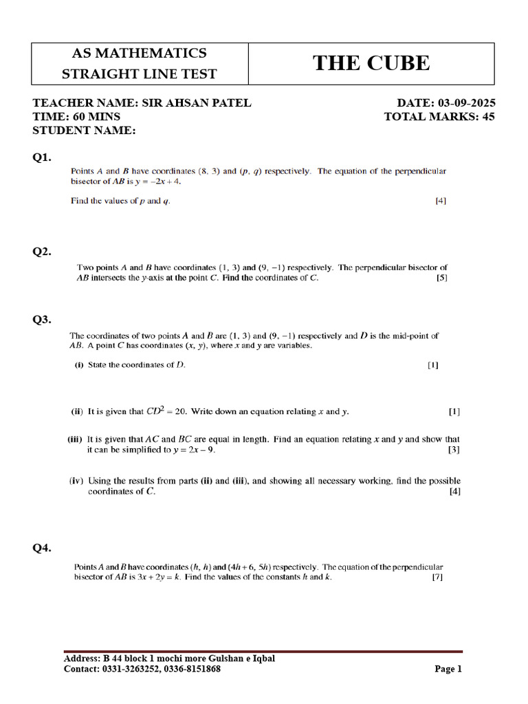 AS Mathematics Straight Line Test | PDF