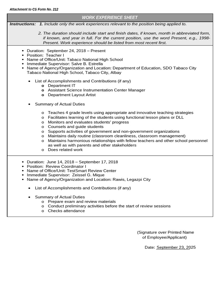 Work Experience Sheet for Teacher I Position | PDF | Teachers ...