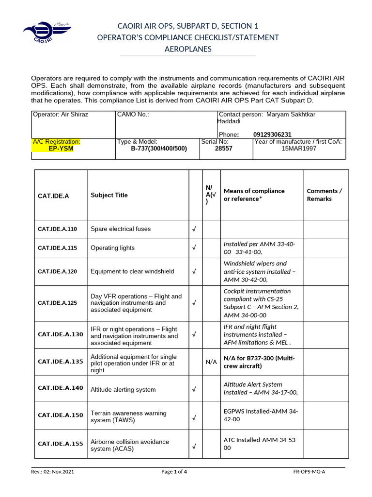 CAOIRI Air Ops Compliance Checklist | PDF | Aviation | Aviation Safety