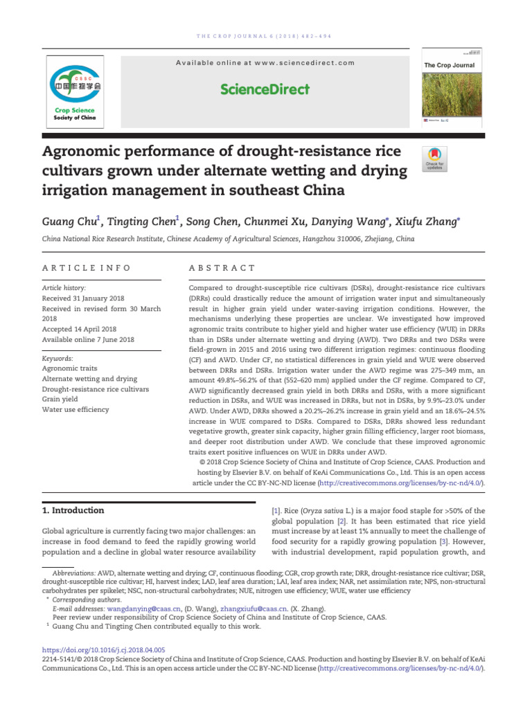 Agronomic Performance of Drought Resistance Rice Cultivars Grow 2018 ...