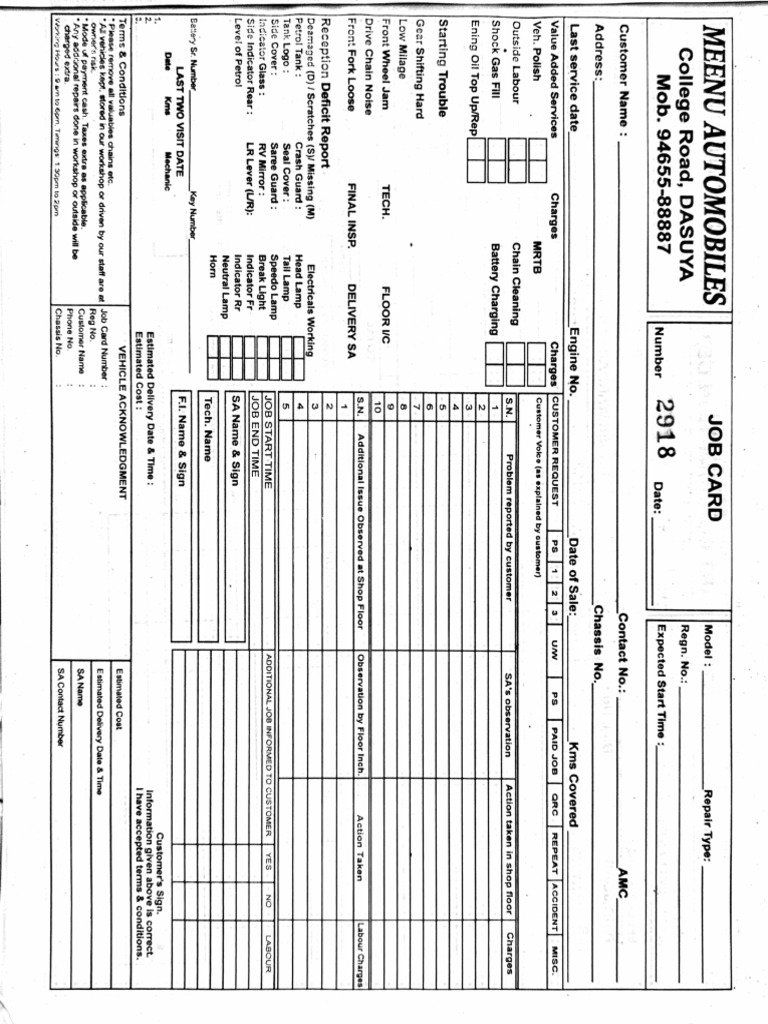 Job Card Template Bajaj | PDF
