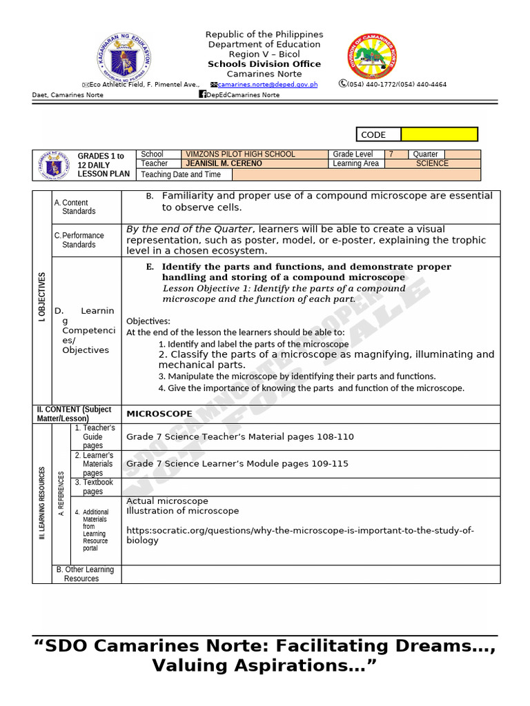 Grade 7 Science Lesson Plan: Microscope | PDF | Glass Engineering And ...