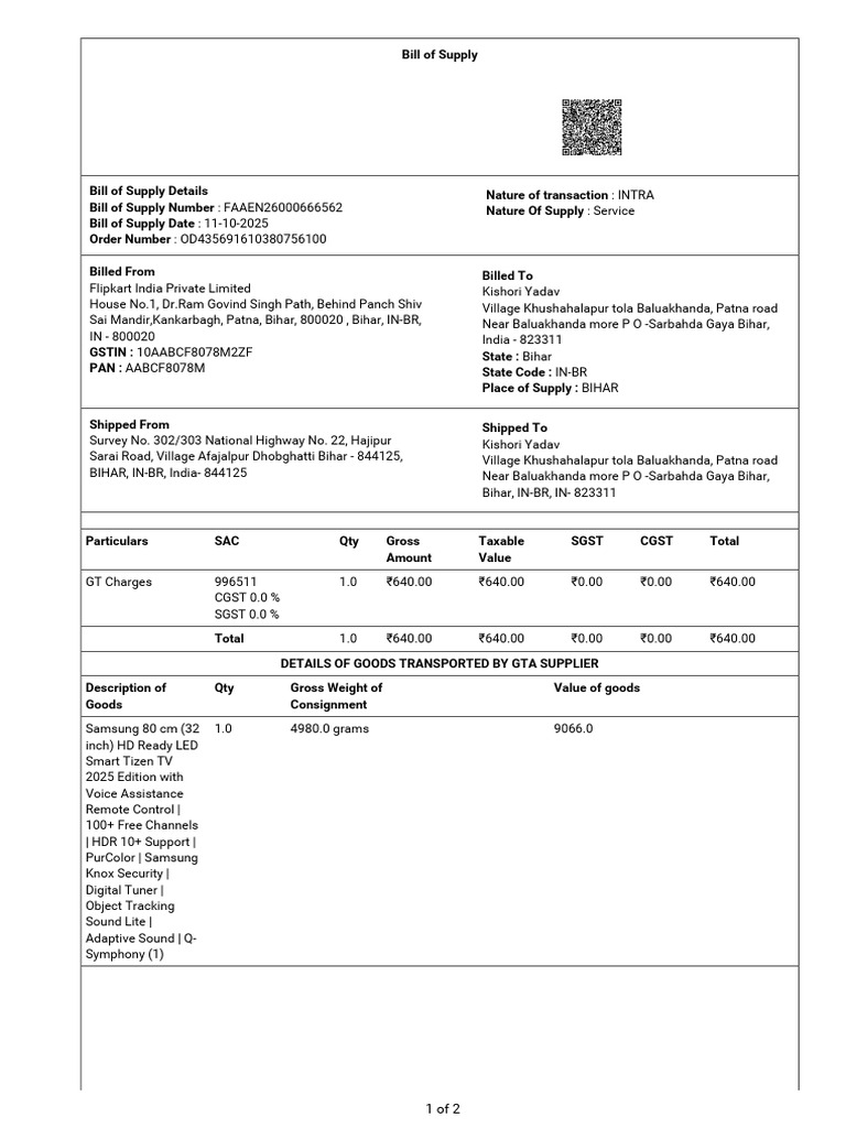 Invoice for Samsung LED TV Purchase | PDF