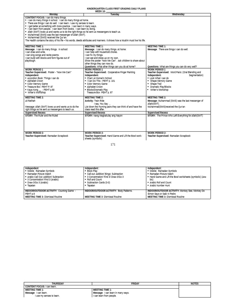 Kindergarten Week 10 Daily Plans | PDF | Shape | God In Islam