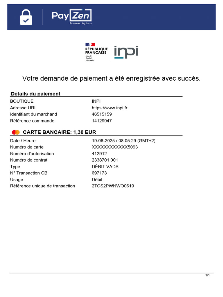 Confirmation de paiement INPI 1,30 EUR | PDF