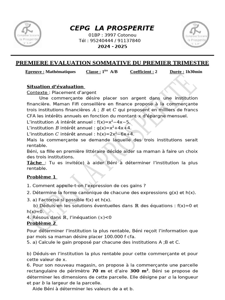 Évaluation Mathématiques 1ère A/B 2024-2025 | PDF