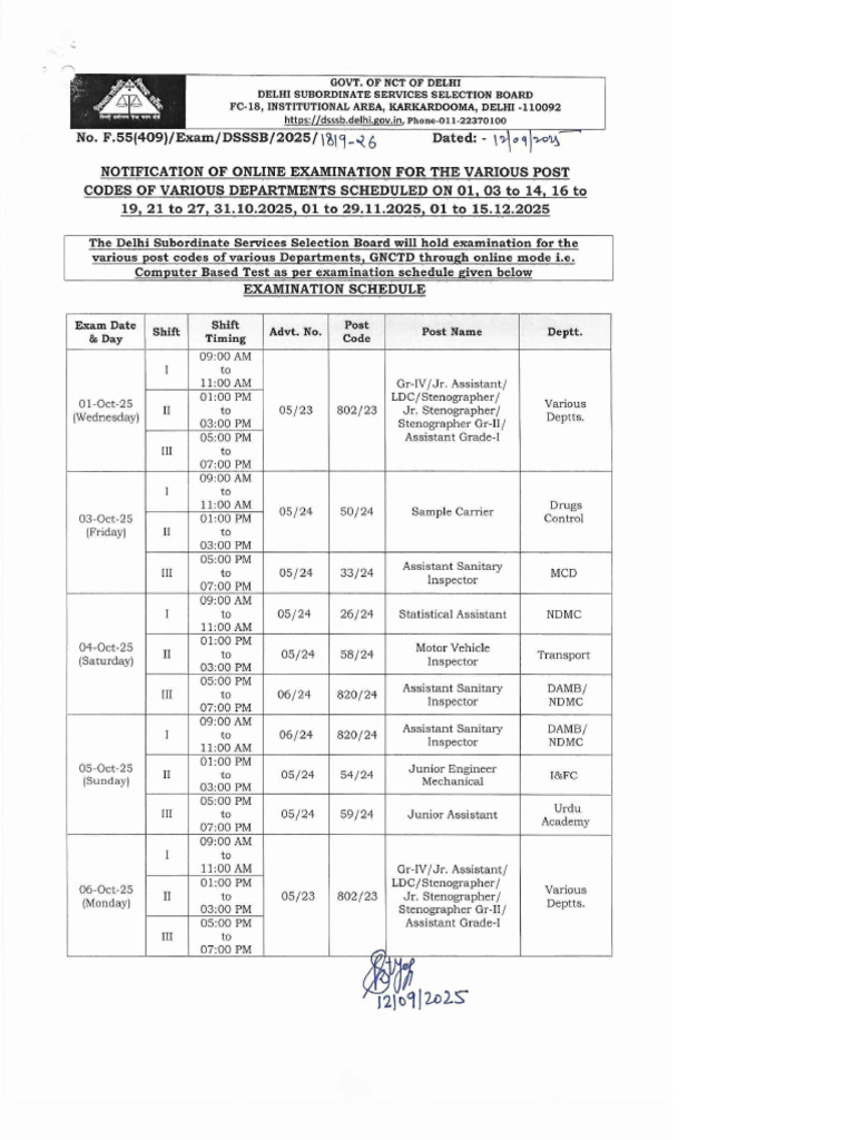 DSSSB Exam Calendar 2025 | PDF