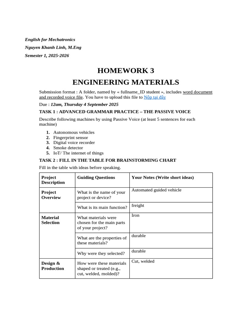 Mechatronics Homework: Materials & Design | PDF | Electrical Conductor ...