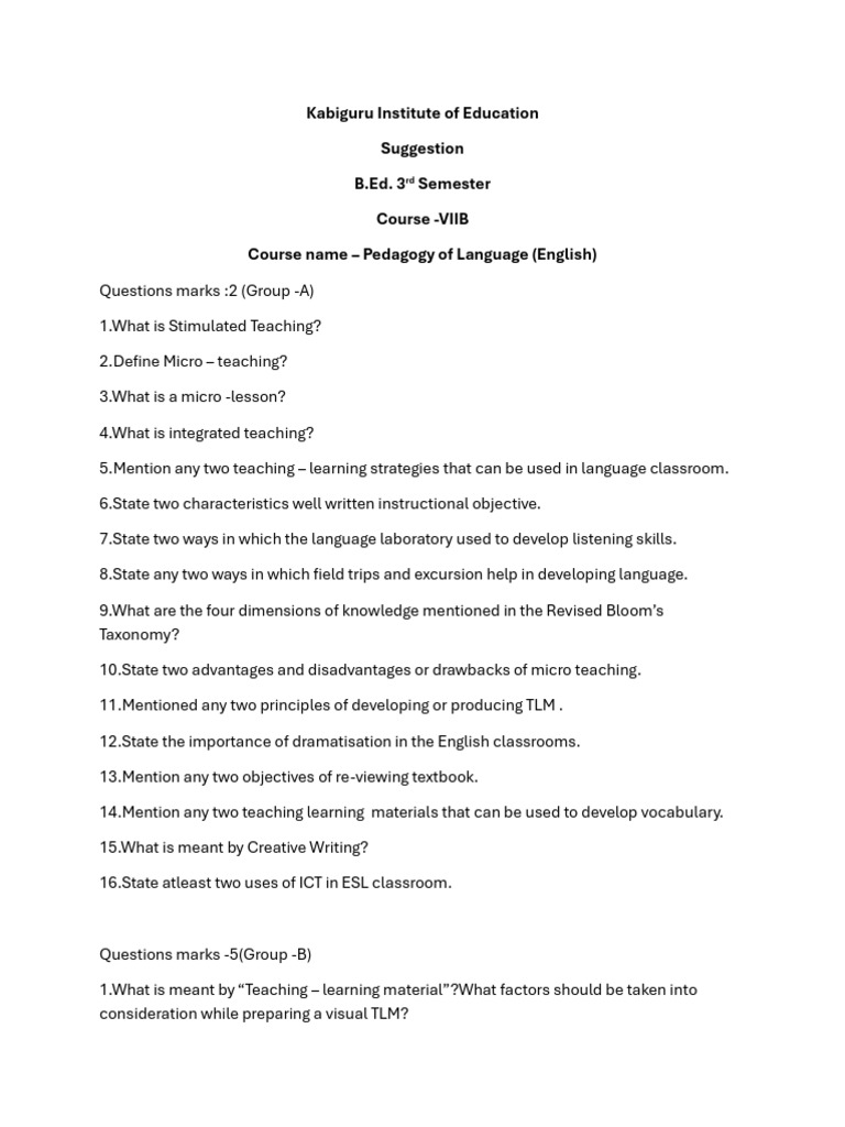 B.Ed. Pedagogy of Language Exam Questions | PDF | Pedagogy | English As ...