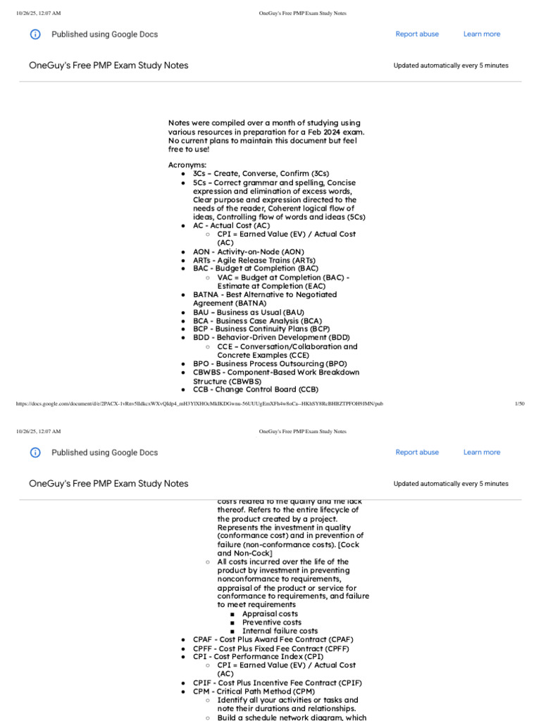 OneGuy's Free PMP Exam Study Notes | PDF | Project Management | Agile ...