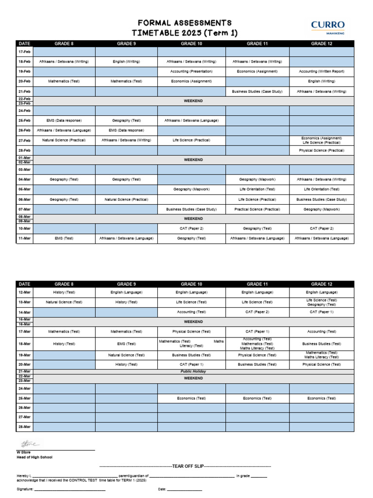 Grade 8-12 Control Test Timetable 2025 | PDF | Science