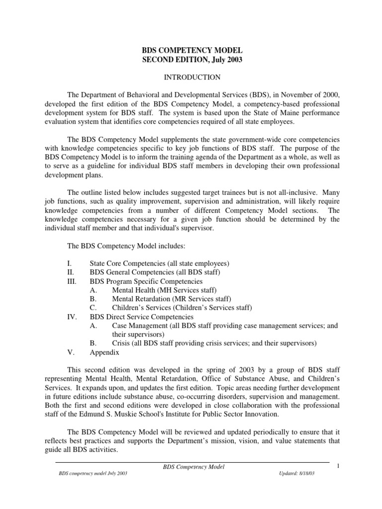 BDS Competency Model Overview | PDF | Mental Disorder | Psychological ...