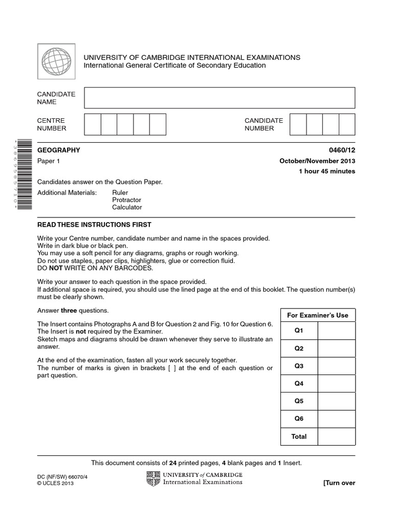 Cambridge IGCSE Geography Exam Paper | PDF | Physical Geography | Earth ...